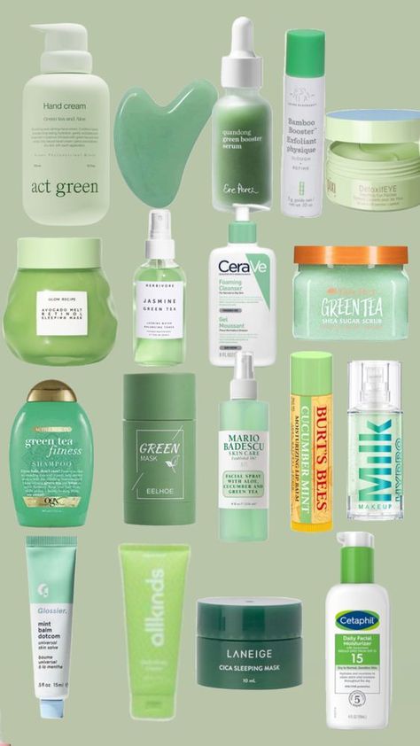 Skincare Table, Green Skin Care, Skin Care Day, Aesthetic Selfcare, Green Skincare, Preppy Life, Sephora Skin Care, Green Skin, Perfect Skin Care Routine