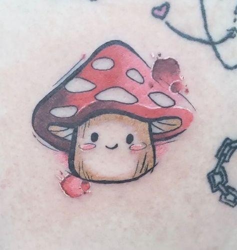 Mushroom Cartoon Tattoo, Couples Mushroom Tattoo, Alice In Wonderland Mushroom Tattoo, Mushroom Guy Tattoo, Small Mushroom Tattoo Ideas, Gnome Tattoo Cute, Cute Mushroom Tattoo, Alice In Wonderland Mushroom, Ghost Tattoos