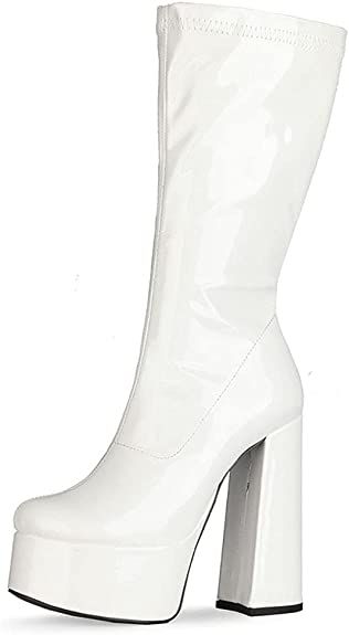 Knee High Boots Chunky, White Gogo Boots, White Knee High Boots, Platform Knee High Boots, Go Go Boots, Gothic Shoes, Boots Chunky, Boots Platform, Designer High Heels