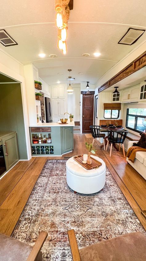 Modern Country Montana Renovation by @dwyerandco Live In Trailer, Camper To Tiny House Conversion, Camper Turned Into Tiny House, Renovated Fifth Wheel Camper, Trailer House Interior, Mountain Tiny House, Caravan House, Tiny House Living Room Ideas, Rv Deck