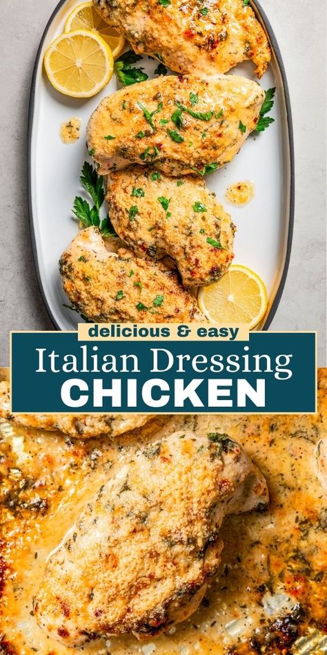 You'll love this juicy, flavorful Italian dressing chicken. Chicken breasts are marinated in zesty Italian dressing, creamy mayo, and herbs, baked, and finished with bubbly, melty parmesan cheese. Baked Chicken Recipes Italian Dressing, Chicken Baked In Italian Dressing, Zesty Italian Dressing Chicken, Italian Dressing Parmesan Chicken, Zesty Italian Chicken Baked, Italian Dressing Recipe Chicken, Chicken Breast Marinade Recipes Baked, Chicken Recipes With Italian Dressing, Italian Dressing Chicken Recipes