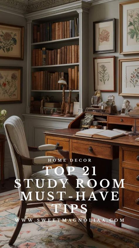 Explore essential design tips in our latest blog, 'Study Room Design: 21 Must-Have Tips for Functional Decor', where we guide you through creating a study space that is as stylish as it is practical. Learn how the right design can enhance both productivity and creativity. #homedecor #interiordesign #studyroom #studyroomdesign Roll Top Desk Styling, Home Study Decor, Home Office Academia, Timeless Home Office, Moody Study Interior Design, Moody Feminine Office, Light Academia Home Office, Bedroom And Study Room Design, Small Study Ideas