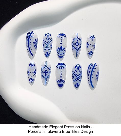 Discover the timeless charm of our Simple Elegant Press-On Nails, featuring a handmade Porcelain Talavera Blue Tiles design. These nails exude a classic yet modern vibe, perfect for those who appreciate understated elegance. Ideal for both casual outings and formal events, they offer a sophisticated touch to any look, embodying luxury in every detail.  #bluenails Oval Acrylic Nails, China Nails, Blue Nail Designs, Tiles Design, Handmade Porcelain, Nail Patterns, Acrylic Nail Art, Blue Tiles, Luxury Nails