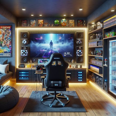 Immerse yourself in gaming glory with a high-tech man cave boasting a top-tier console, immersive screen, ergonomic chair, customizable LED lights, stocked mini-fridge, gaming memorabilia, and cozy guest corner. Ultimate gamer's paradise!
#GamingSetup #ManCave #GameRoom #GameNight #VideoGames #GamerLife Small Gaming Room Ideas, Stairwell Accent Wall, Game Room Lighting, Audio Setup, Gaming Rooms, Decorative Screen Panels, Pc Design, Gaming Chairs, Gaming Room Setup