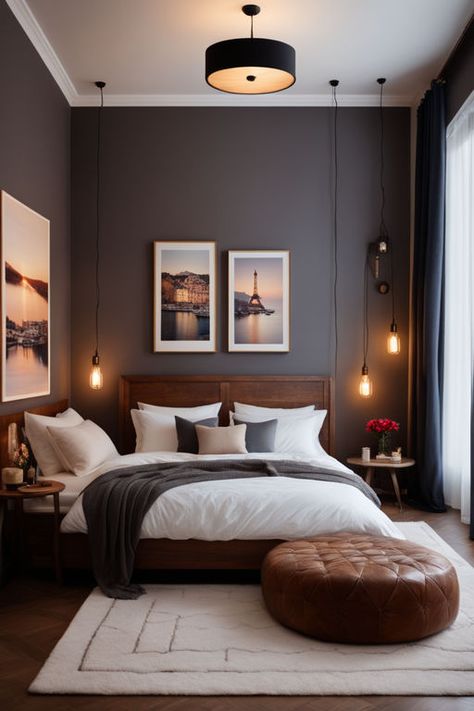 Dark Bedroom With Wood Furniture, Cozy Dark Master Bedrooms Decor, Dark Floor Light Walls Bedroom, Small Bedroom Designs 10x10, Small Bedroom Dark Floor, Dark Scandinavian Interior Bedroom, Scandinavian Dark Bedroom, Black And Natural Wood Decor Bedroom, Dark Sophisticated Bedroom