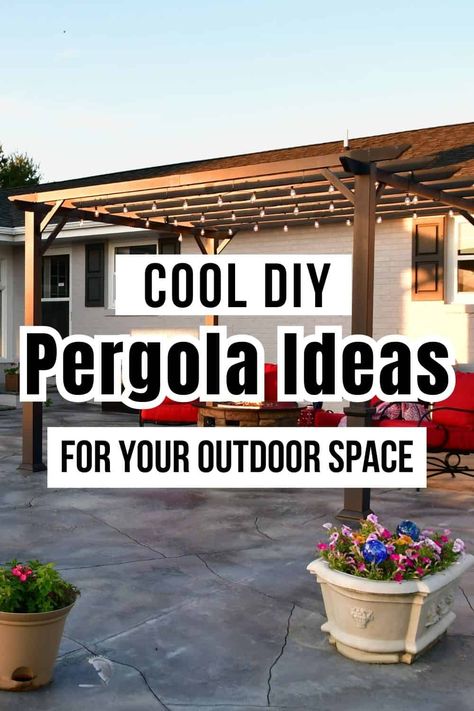 Under Pergola Ideas, Concrete Patio Ideas With Pergola, Easy Pergola Ideas Diy, Pergola Fire Pit Ideas, Diy Pergola Attached To House, Fire Pit Under Pergola, Pergola Patio Attached To House, Pergola Decorating Ideas, Outdoor Pergola Ideas