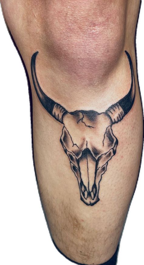 Skull Knee Tattoo, Cow Skull Tattoo, Cow Skull Tattoos, Buffalo Skull, Knee Tattoo, Cow Skull, Skull Tattoo, Tattoos For Guys, Tatting