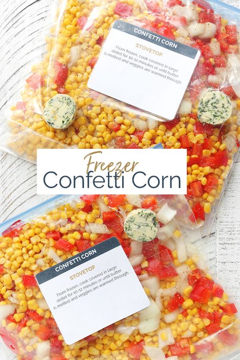 Freezer Friendly confetti corn is a quick side dish that can be frozen. 10 minutes hands on prep and basic ingredients make it a recipe you will go back to again and again. Confetti Corn, Quick Side Dish, Corn Side Dish, Freezer Dinners, Freezable Meals, Meal Train Recipes, Quick Side Dishes, Freezer Meal Prep, Dinner Prep