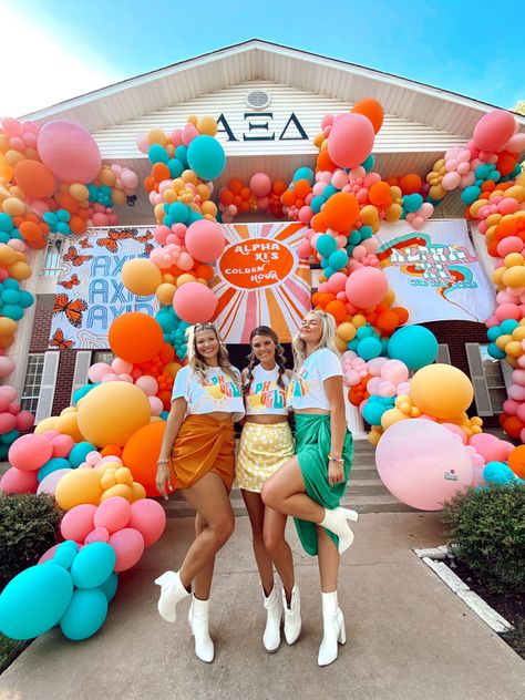 Lolapalooza Bid Day, Bright Color Theme Party, Palooza Bid Day Theme, Golden Hour Sorority Theme, Golden Hour Bid Day Theme, California Dreaming Party Theme, Golden Hour Theme Party, Woodstock Party Theme, Cute Party Themes