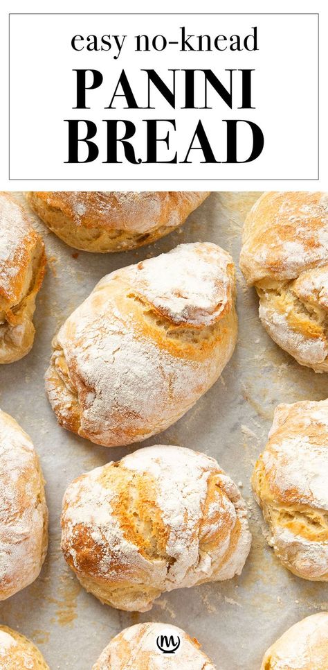 Top view of a baking sheet full of crusty panini rolls. Panini Bread Recipe, Smell Like A Bakery, Italian Panini, Panini Bread, Panini Recipes, Italian Bakery, Best Bread Recipe, Inexpensive Meals, No Knead Bread