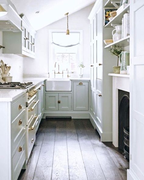 Charming and tiny white French farmhouse cottage style galley kitchen with fireplace and farm sink. #whitefrench #cottagekitchens #tinykitchens #galleykitchen #countrykitchen White French Farmhouse, French Farmhouse Cottage, Kitchen With Fireplace, Country French Farmhouse, Galley Style Kitchen, Bespoke Kitchen, Cottage Kitchens, Bathroom Design Inspiration, Country Interior