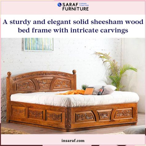 Get your beauty sleep in style with our solid wood bed frames. #SolidWood #Bedroom #Elegance Natural Wooden Bed, Latest Wooden Bed Designs, Bed Designs With Storage, Simple Bed Designs, Double Bed Designs, Wood Bed Design, Wooden Carving, Wooden Bed Design, Bed Design Modern