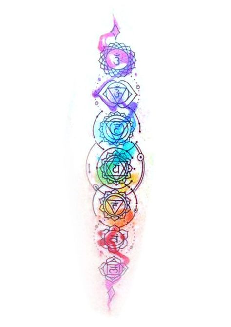 Chakra Inspired Tattoo, Chakra Tatoos Ideas, Lotus And Chakra Tattoo, Watercolor Chakra Tattoo, Charka Pics Tattoos, Reiki Tattoos, Chakra Spine Tattoos For Women, Chakra Symbols Tattoo, Chakra Tattoo Spine