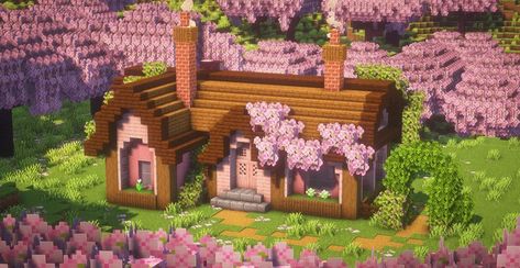 Minecraft Houses Cherry Grove, Minecraft Survival House Cherry Blossom, Cute Cherry Wood Minecraft House, Cherry Biome House, Cherry Forest House Minecraft, Cherry Blossom House Ideas Minecraft, Cherry Biome Minecraft, Cherry Plank House Minecraft, Starter Cherry Blossom House Minecraft