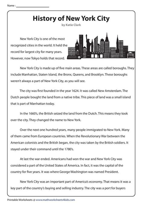 Steeped in history, New York is a key player in the economic and cultural arenas of America. This grade 5 comprehension worksheet contains questions on domain-specific words and degrees... Download the PDF file and try the interactive worksheet at the link above! #readingactivities #worksheet #worksheetsforkids #readingpassages #englishlearning #kindergartenreading Lesson English, New York History, Degrees Of Comparison, Advance English, 6th Grade Worksheets, History Worksheets, New York City Vacation, New York School, 5th Grade Reading