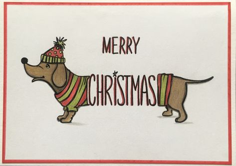 Two Jays Sausage Dog stamp - Lynne Lee Two Jays Stamped Cards, Cute Dog Christmas Card, Sausage Dog Christmas Cards, Christmas Themed Drawing Ideas, Christmas Funny Drawing, Christmas Dogs Drawings, Xmas Card Ideas Handmade, Christmas Cards Ideas Handmade, Little Christmas Drawings