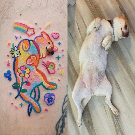 🌈𝘾𝙖𝙩˚₊·♥´ | 𝐃𝐚𝐩𝐡𝐚𝐧𝐢𝐞 with flowers 🐶🌼🌈 Thank you so much, Aaron! | Instagram Year Of The Dog Tattoo, Cartoon Dog Tattoo, Rachel Leigh, Year Of The Dog, Collar Bone Tattoo, Sun Tattoo, Sunflower Tattoo, Dog Tattoo, Mom Tattoos