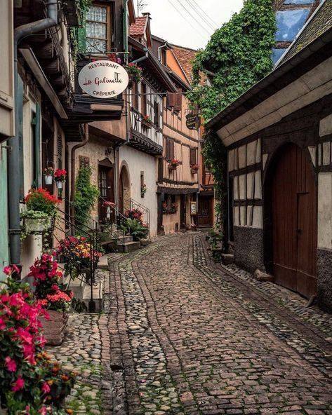 Cobblestone alley in Eguisheim, a small village in Alsace, Grand Est, northeastern France. : VillagePorn Vila Medieval, France Aesthetic, Grand Est, France Photos, Village Life, Beautiful Villages, Beautiful Places To Travel, Alsace, Pretty Places