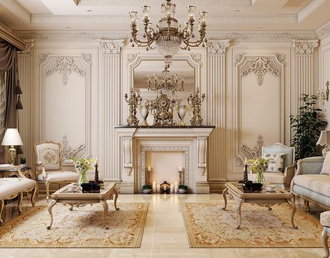 Drawing Room Classical Interior, Classic Reception Interior Design, Fireplace Neoclassic Design, Classic Reception Interior, Classic Reception Interior Home, Luxury Reception Room, Neo Classical Foyer, Home Reception Interior Design, Classic Reception Design