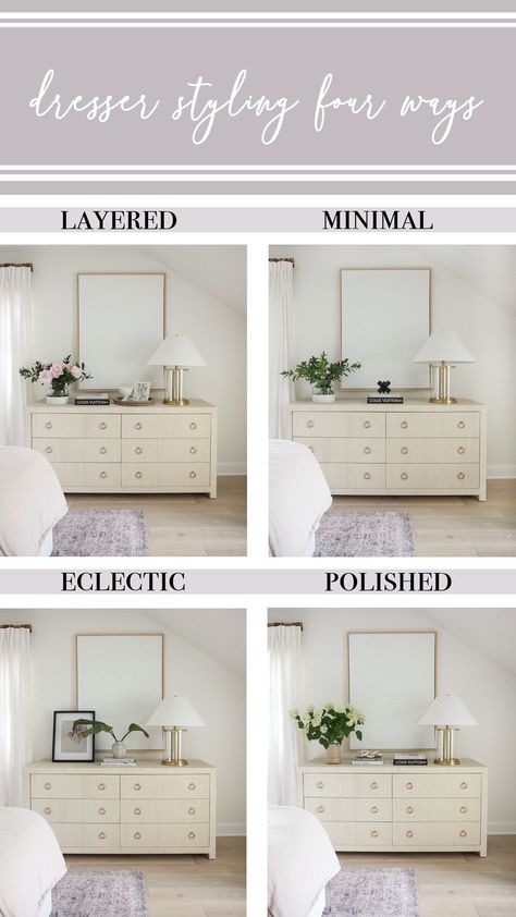 Styling Dresser Under Tv, Styled Dresser With Mirror, Decorating Dresser With Tv Above, Dresser Decor Neutral, Master Room Dresser Decor, Bedroom Dresser Decor Minimalist, Wall Art Above Dresser, Guest Room Dresser Ideas, Dresser Countertop Decor