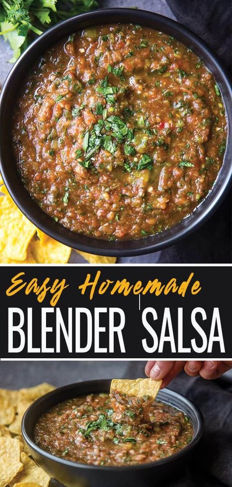 This Easy Blender Salsa is easy to make, incredibly delicious, and perfect for quick and easy weeknight dinners or party dips! Also perfect for Cinco de Mayo! #blendersalsa #homemadesalsa #easysalsa #cincodemayo #vindulge Mexican Botanas, Easy Blender Salsa, Canned Stewed Tomatoes, Blender Salsa, Food Tacos, Paleo Zucchini, Easy Salsa Recipe, Mexican Flavors, Bbq Recipe