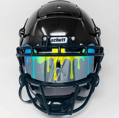 SHOC custom drip football visor on a Schutt F7 football helmet.  #shoc #shocvisor #footballhelmet #schuttf7 #footballvisor #schutt #logovisor #footballswag F7 Helmet, Football Helmet Visors, Cool Football Helmets, Cool Football Pictures, Football Swag, Football Helmet Design, Nfl Football Helmets, 32 Nfl Teams, Basketball T Shirt Designs