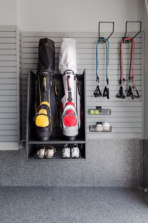 Wall Storage Garage, Golf Storage, Sports Equipment Organization, Sports Equipment Storage, Garage Wall Storage, Garage Storage Inspiration, Sports Storage, Garage Mudroom, Home Gym Garage