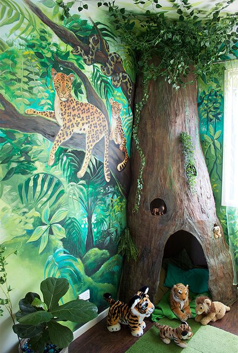 Home Decorating For Kids: My Daughter's Jungle Room Makeover! Jungle Bedroom Kids Boys, Jungle Room Inspiration, Whimsical Nature Themed Nursery, Jungle Theme Bedroom Boys, Jungle Room Ideas Kids, Jungle Theme Room Decor, Safari Theme Living Room, Forest Bedroom Ideas Kids, Jungle Theme Room For Boys