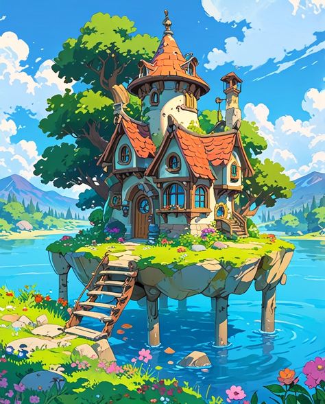 "Magical and Tranquil house" #aiart #animeillustration #illustrationart #illustration #illustrator #art #design #drawing #painting #artwork #generativeartworks #house #lake #landscape Fantasy Background Illustration, Fantasy House Design Art, Jungle House Concept Art, Fantasy House Illustration, Tiny House Illustration, Fantasy House Drawing, Miniature Art Drawing, Cute House Illustration, Fantasy House Concept Art