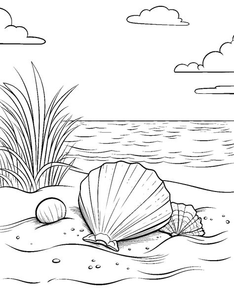 Coastal Coloring Pages, Free Seashell Printables, Puravida Coloring Pages, Beach Scene Coloring Pages, Free Beach Coloring Pages, Printable Watercolor Coloring Pages, Free Ocean Coloring Pages, Ocean Printables Free, Beach Coloring Pages For Adults