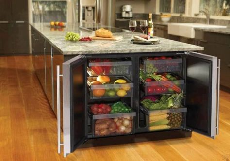 10 Stylishly Functional Kitchen Islands. Love the fridge in the end of the island for produce. Island Fridge, Kitchen Technology, Desain Pantry, Efficient Storage, Smart Kitchen, Interior Design Magazine, Kitchen Remodel Idea, Kitchen Stuff, Contemporary Kitchen