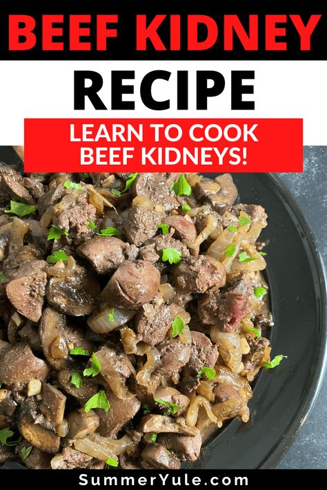 What’s the best way to cook kidney? My easy sauteed beef kidney recipe! Learn how to cook cow kidney or ox kidneys to be tender not tough, with delicious flavor. Beef kidneys are packed with protein and naturally Paleo, low carb, keto, and gluten free. Learn where to buy raw beef kidneys, the nutrition benefits of beef kidney, and more! Ox Kidney Recipes, Pork Kidney Recipes, Beef And Kidney Stew, Beef Kidney Recipes, Kidney Stew Recipe, How To Cook Kidneys, How To Cook Beef Kidneys, Cooking Kidney Meat, Beef Intestines