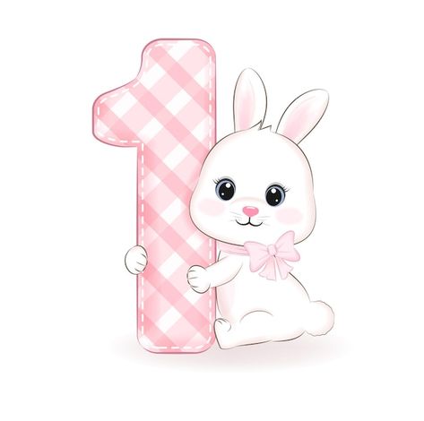 Rabbit First Birthday Party, Happy Birthday 1 Year, Bunny Birthday Theme, Happy Birthday Baby Girl, First Birthday Posters, Birthday Icon, Birthday Cartoon, First Birthday Cards, One Year Birthday