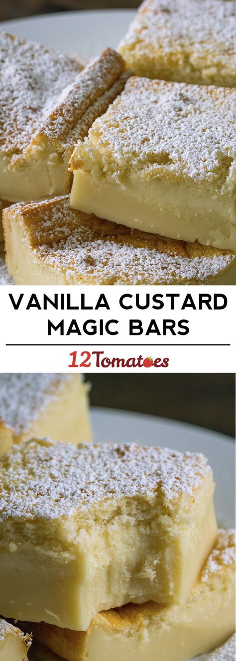 Vanilla Custard Magic Bars?utm_source=12tomatoes Custard Bars, Baking Bars, Magic Bars, Vanilla Custard, Köstliche Desserts, Yummy Sweets, Tasty Treats, Eat Dessert, Cookie Desserts