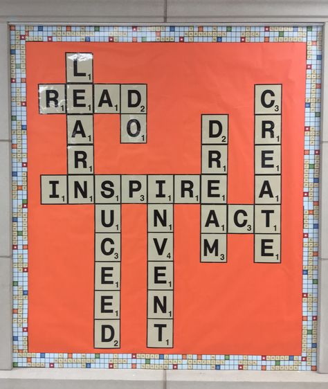 Scrabble Bulletin Board Crossword Puzzle Bulletin Board, Scrabble Classroom Door, Crossword Bulletin Board, Scrabble Classroom Theme, Scrabble Bulletin Board Ideas, Design For Bulletin Boards, Board Game Bulletin Boards, Games Bulletin Board Ideas, Bulletin Board Games