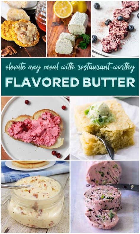 Flavored Butter recipes are a delicious and easy way to elevate any meal! Whether you're looking for a sweet butter for brunch or a savory herb butter for Sunday supper, we've got all the compound butter recipes you'll ever need! recipes are a delicious and easy way to elevate any meal! Whether you're looking for a sweet butter for brunch or a savory herb butter for Sunday supper, we've got all the compound butter recipes you'll ever need! via @jugglingactmama Butter Compound Recipes, Seasoned Butter Recipes, Flavored Butters Recipes, Herbed Butter Recipe, Sweet Compound Butter, Cajun Injector Creole Butter Recipe, Butter Boards Recipes, Flavored Butter Recipes For Bread, Compound Butter For Bread