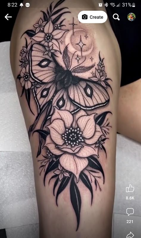 Creative Flower Tattoo Ideas, Colorful Thigh Tattoo Women, Moths Tattoo, Imagine Ideas, Thigh Piece Tattoos, Nature Tattoo Ideas, Mystical Tattoos, Drawing Designs, Nature Tattoo