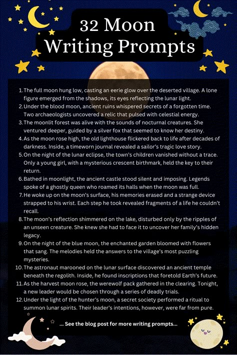 62 Enchanting Moon Writing Prompts for Your Next Story | Imagine Forest Fantasy Story Picture Prompts, Cozy Writing Prompts, Story Beginnings Ideas Writing Prompts, Witchy Writing Prompts, Writing Prompts Magic, Witch Writing Prompts, Story Writing Challenge, Werewolf Writing Prompts, Story Prompts Dark