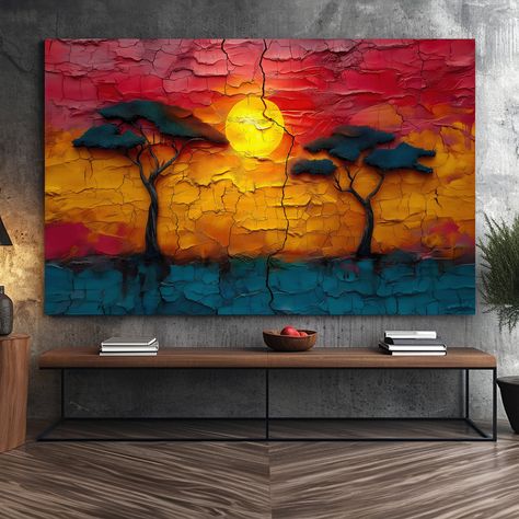 African Wall Art Canvas Print, Savana Sunset Oil Painting, African Landscape Wall Art, Modern Canvas Print For Home/Office Decor Sunset Oil Painting, African Landscape, African Wall Art, Painting Inspo, Landscape Wall, Trendy Wall Art, Textured Wall Art, Landscape Walls, Landscape Wall Art