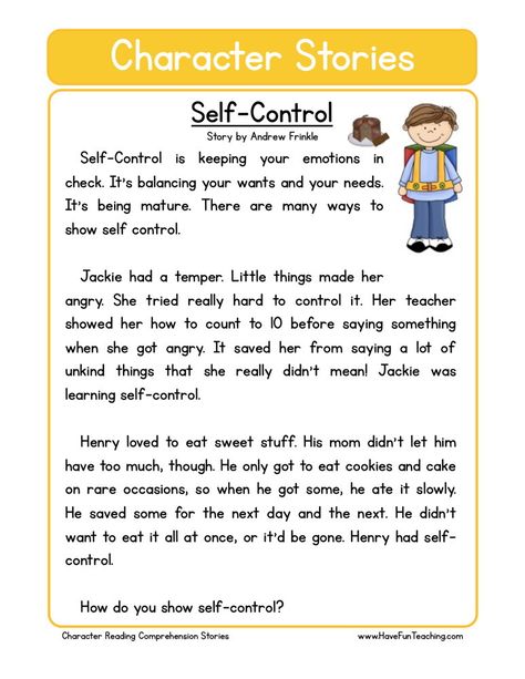 This Reading Comprehension Worksheet - Self-Control is for teaching reading comprehension. Use this reading comprehension story to teach reading comprehension. Character Story Ideas, Responsibility Worksheet, Readathon Ideas, Character Reading, Character Stories, Reading Comprehension For Kids, Teaching Reading Comprehension, English Stories For Kids, Reading Comprehension Lessons