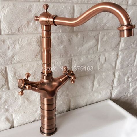 Antique Red Copper Brass Kitchen Bathroom Vessel Sink Single Hole Basin Swivel Spout Faucet Dual Cross Handles Water Tap arg055 Outdoor Shower Fixtures, Copper Faucet, Copper Bathroom, Bath Sinks, Copper Handles, Sink Mixer Taps, Brass Kitchen, Half Bathroom, Red Copper