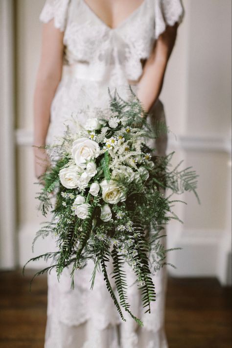 Trailing Fern Wedding Bouquet with Roses and Dasies Flower Thoughts, Fern Bouquet, Trailing Bouquet, Fern Wedding, Yellow Peonies, Green Bouquet, Enchanted Evening, Cascade Bouquet, Wedding Flower Inspiration