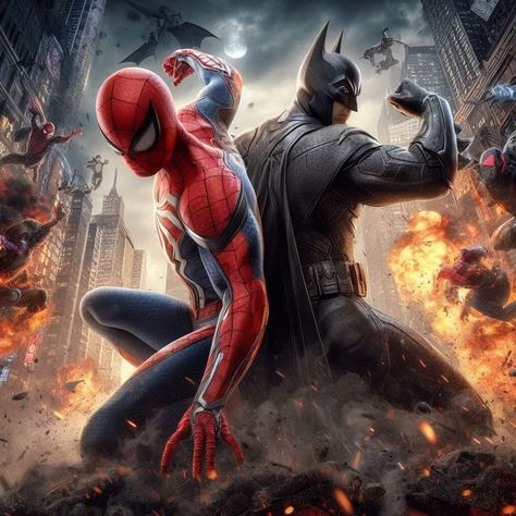 Spider Man Vs Villains, Spiderman Bathroom, Spider Man And Batman, Batman Vs Spiderman, Spiderman And Batman, Batman And Spiderman, Arcade Art, Dc Comics Vs Marvel, Marvel And Dc Crossover