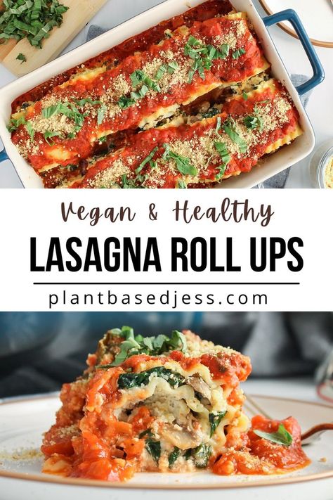 Showing is a large dish filled with lasagna roll ups and a close up picture with a lasagna rolls up showing the layers. Fried Lasagna Rolls, Healthy Lasagna Rolls, Easy Vegan Lasagna, Vegetarian Lasagna Roll Ups, Spinach And Ricotta Lasagna, Fried Lasagna, Dairy Free Lasagna, Cashew Ricotta, Spinach Lasagna Rolls