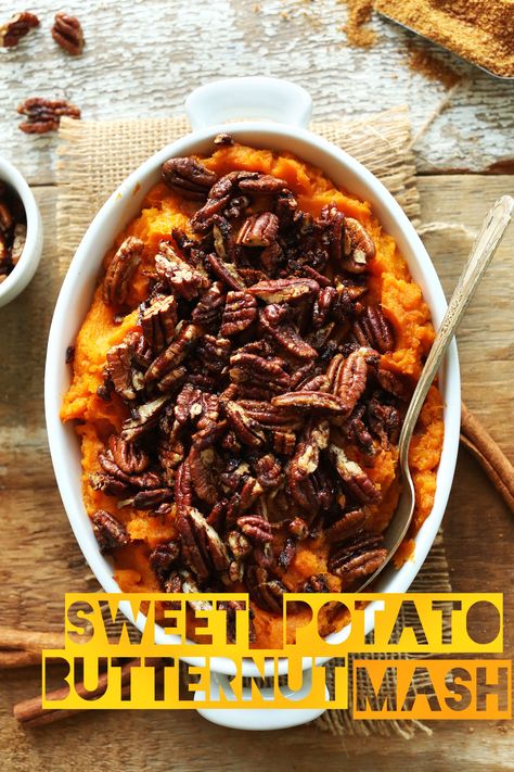 AMAZING Butternut Squash Sweet Potato Mash with Maple Cinnamon Pecans | Perfect for fall and Thanksgiving! #vegan #glutenfree #fall #thanksgiving #healthy #recipe #minimalistbaker Butternut Squash Sweet Potato, Sweet Potato Casserole Healthy, Butternut Squash Sweet, Sweet Potato Mash, Cinnamon Pecans, Stuffed Sweet Potato Healthy, Minimalist Baker, Pecan Recipes, Vegan Thanksgiving