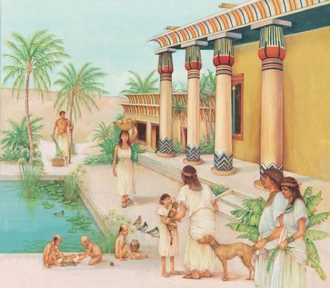 A wealthy Egyptian family relaxes by the pond in the courtyard of their house. Egyptian Garden, Ancient Egypt Architecture, Angus Mcbride, Ancient Egypt Aesthetic, Ancient Egypt Projects, Life In Ancient Egypt, Ancient Egypt Fashion, Ancient Egyptian Architecture, Starověký Egypt