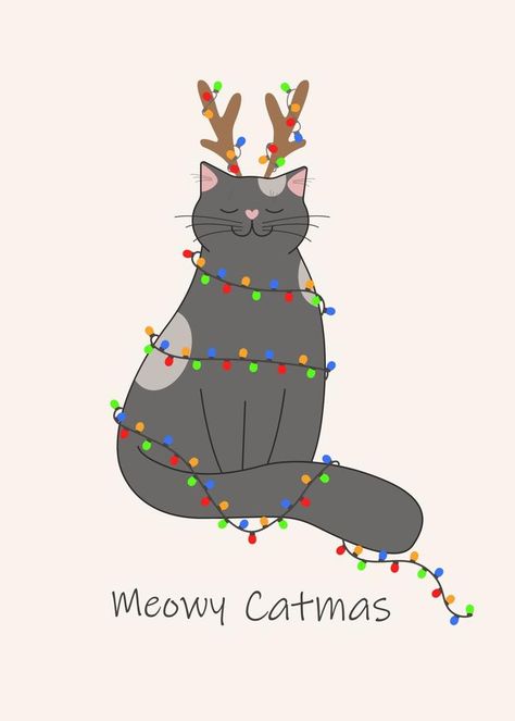 Gray cat sits wrapped in a garland and with deer antlers on its head. Greeting winter card for Christmas holidays Christmas Card With Cat, Christmas Cat Illustration, Christmas Cat Card, Cat Christmas Cards, Merry Christmas Cat, Card For Christmas, Digital Christmas Cards, Christmas Illustrations, Christmas Card Art