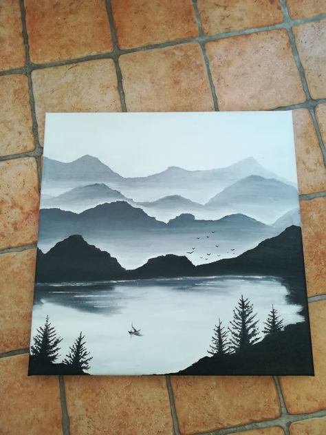 Mountains And Water Painting, Large Painting Ideas Easy, Misty Mountains Painting Acrylic, Black And White Mountain Art, Black And White Canvas Art Acrylic Paintings, Black And White Painting Ideas Easy, Canvas Painting Ideas Mountains, Easy Painting Ideas On Black Canvas, Black And White Painting Acrylic Easy