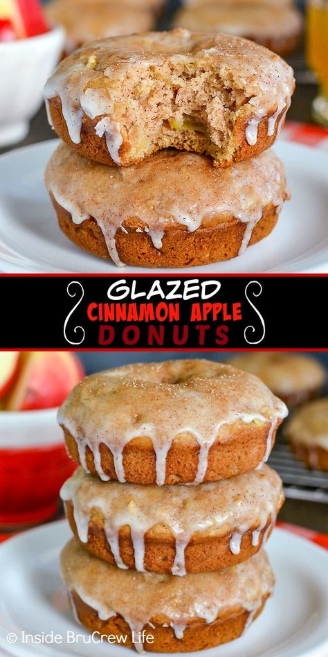 Apple Cake Donut Recipe, Baked Apple Doughnut Recipes, Baked Apple Donuts Recipe, Cinnamon Sugar Glaze, Apple Cinnamon Donut Recipe, Baked Apple Cinnamon Donut Recipe, Fall Donuts Ideas, Breakfast Ideas With Apples, Apple Cinnamon Donuts Baked