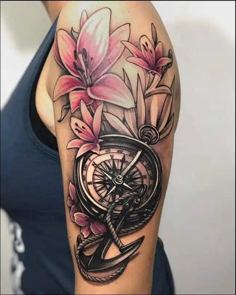 50 Latest Compass Tattoo Design and Ideas For Men And Women Compass And Flower Tattoo Sleeve, Compass And Anchor Tattoo Feminine, Nautical Flower Tattoo, Compass Sleeve Tattoo Women, Anchor Compass Tattoo Women, Nautical Tattoo Sleeve For Women, Compass Flower Tattoo, Compass Tattoo Ideas For Women, Anchor And Compass Tattoo